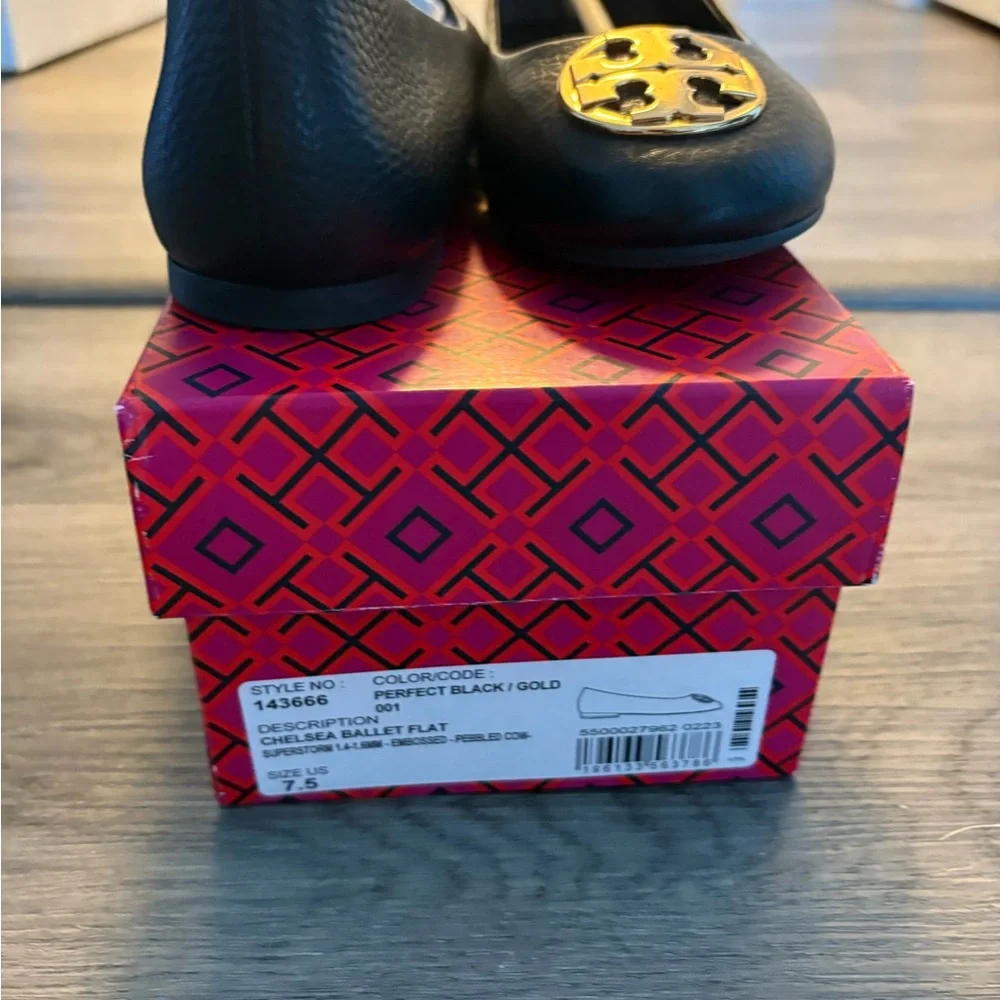 Tory Burch Black Leather Logo Ballet Flats with Gold Medallion